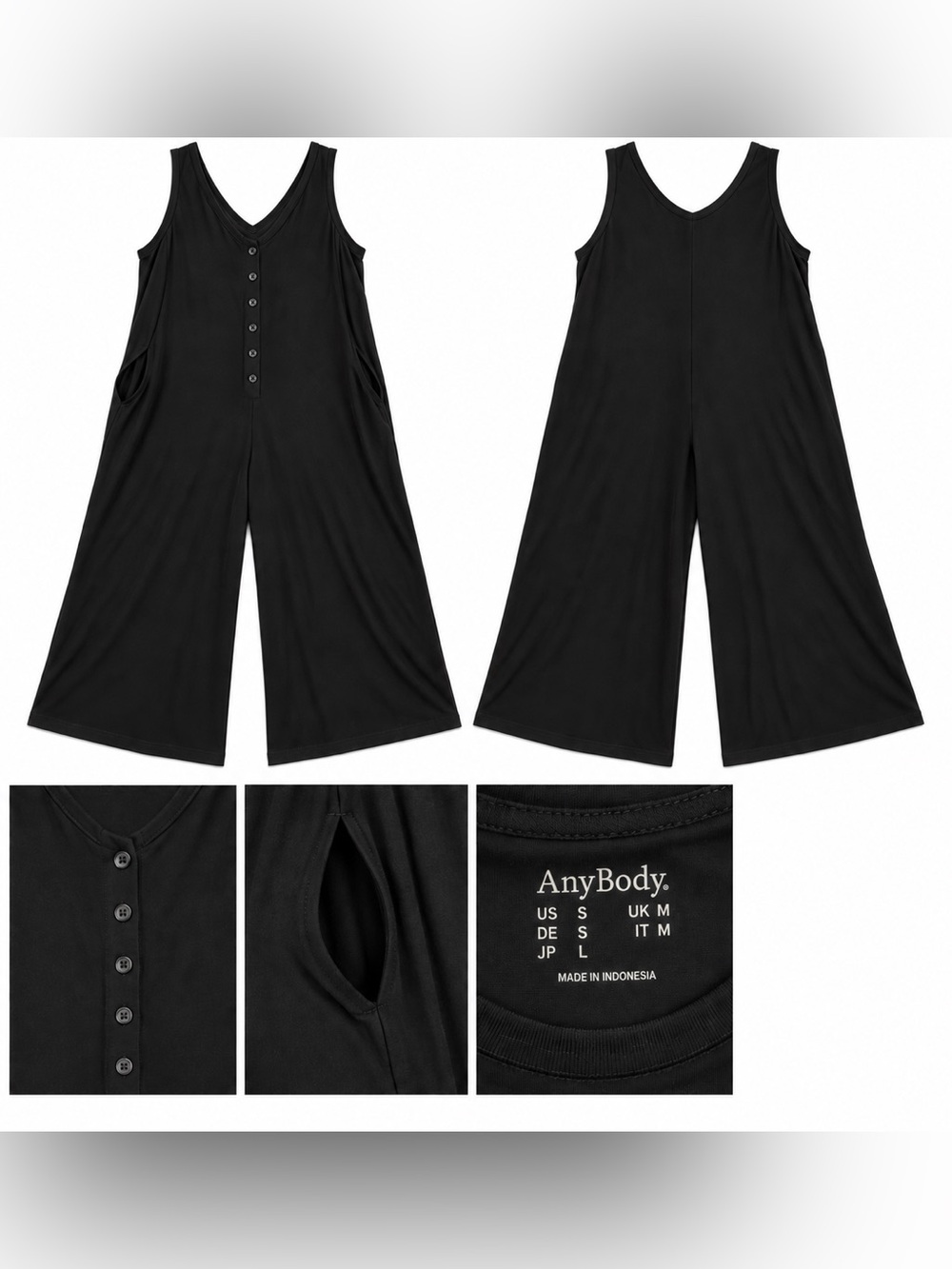 AnyBody Black Wide-Leg Sleeveless Jumpsuit with Button Placket